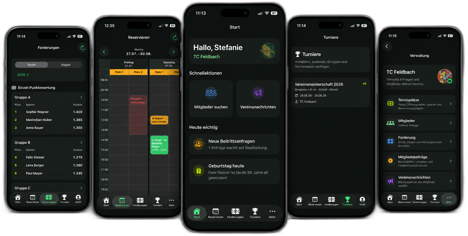 tennvia App: Forderungen, Platzreservierung, Startseite, Turniere und Vereinsverwaltung
