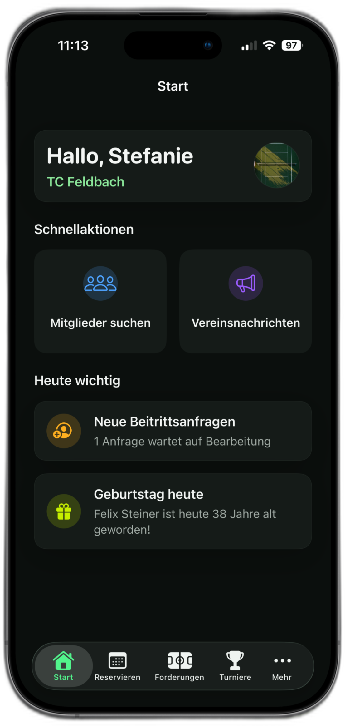 Wichtige Mitgliedsanfragen und Beiträge auf dem tennvia Startbildschirm